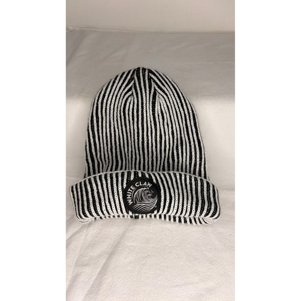 White Claw Hard Seltzer Striped Cuffed Beanie Black White Ribbed Knit Hat Logo